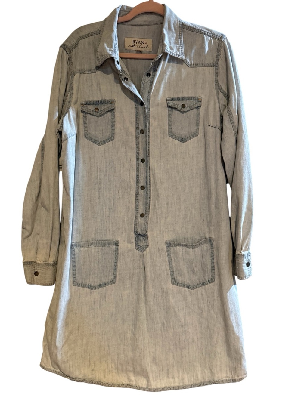 Ryan Michael Western Chambray Shirt Dress Tunic Snap Front Ranchwear Large